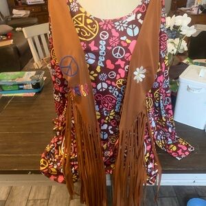 Colorful Peace Sign Dress with Brown Fringe Vest. Costume Dress